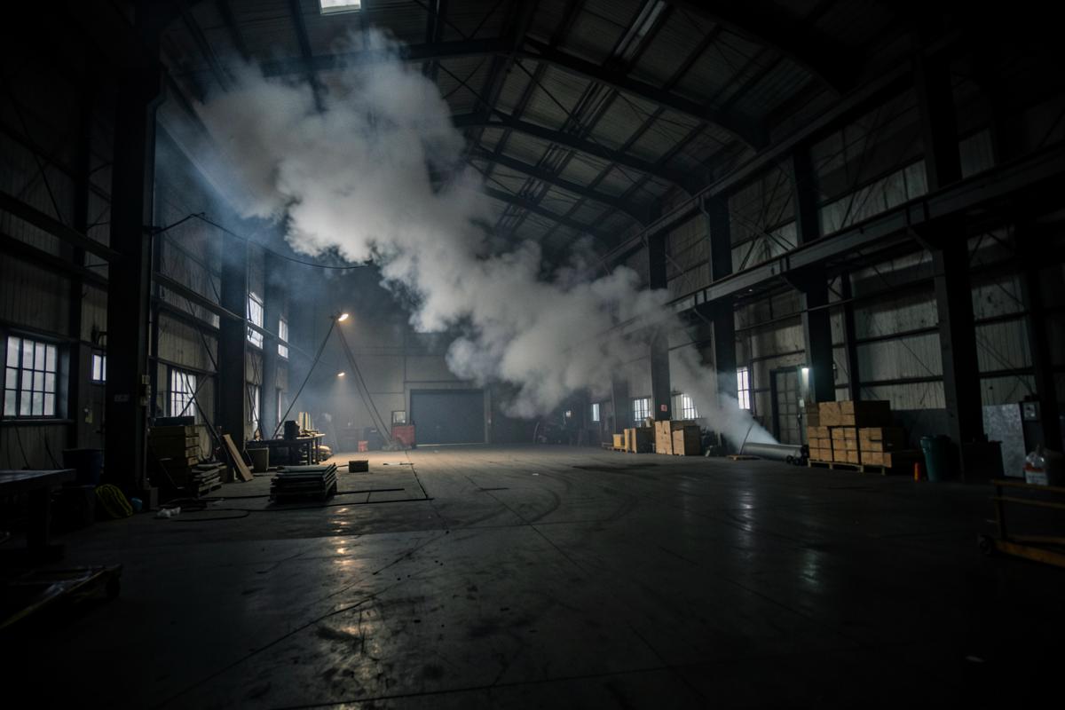 Early smoke rising inside a large industrial warehouse