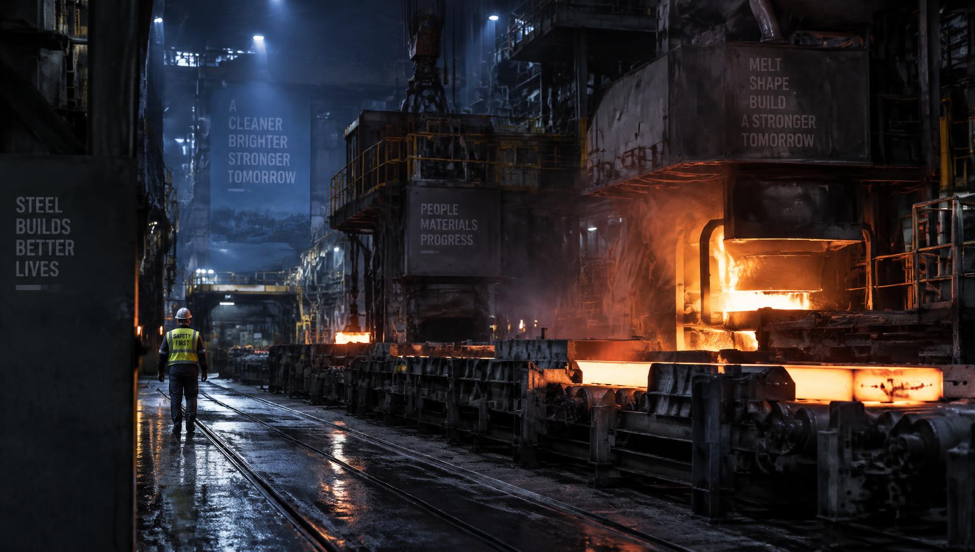 Steel plant production line with a worker in protective equipment