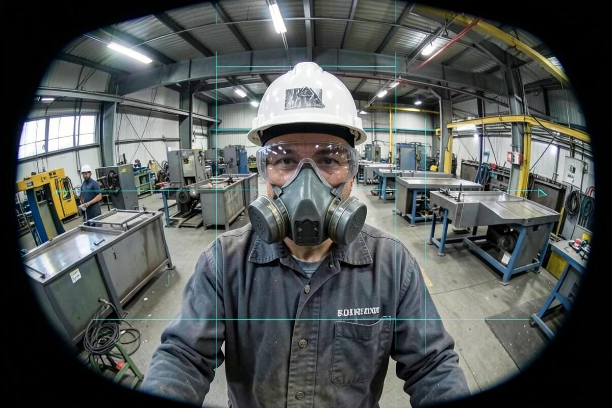 Worker wearing helmet, safety glasses and respirator under AI detection overlay