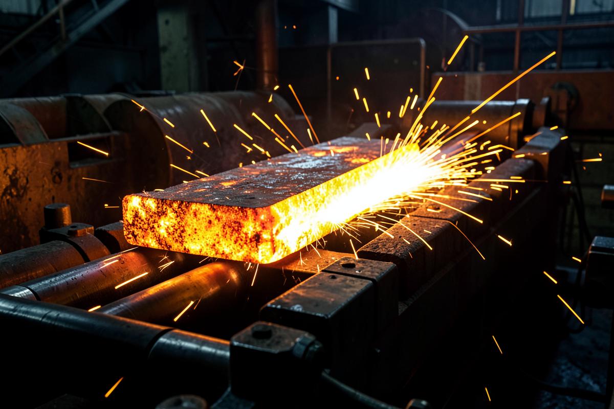Glowing steel slab moving along a rolling mill